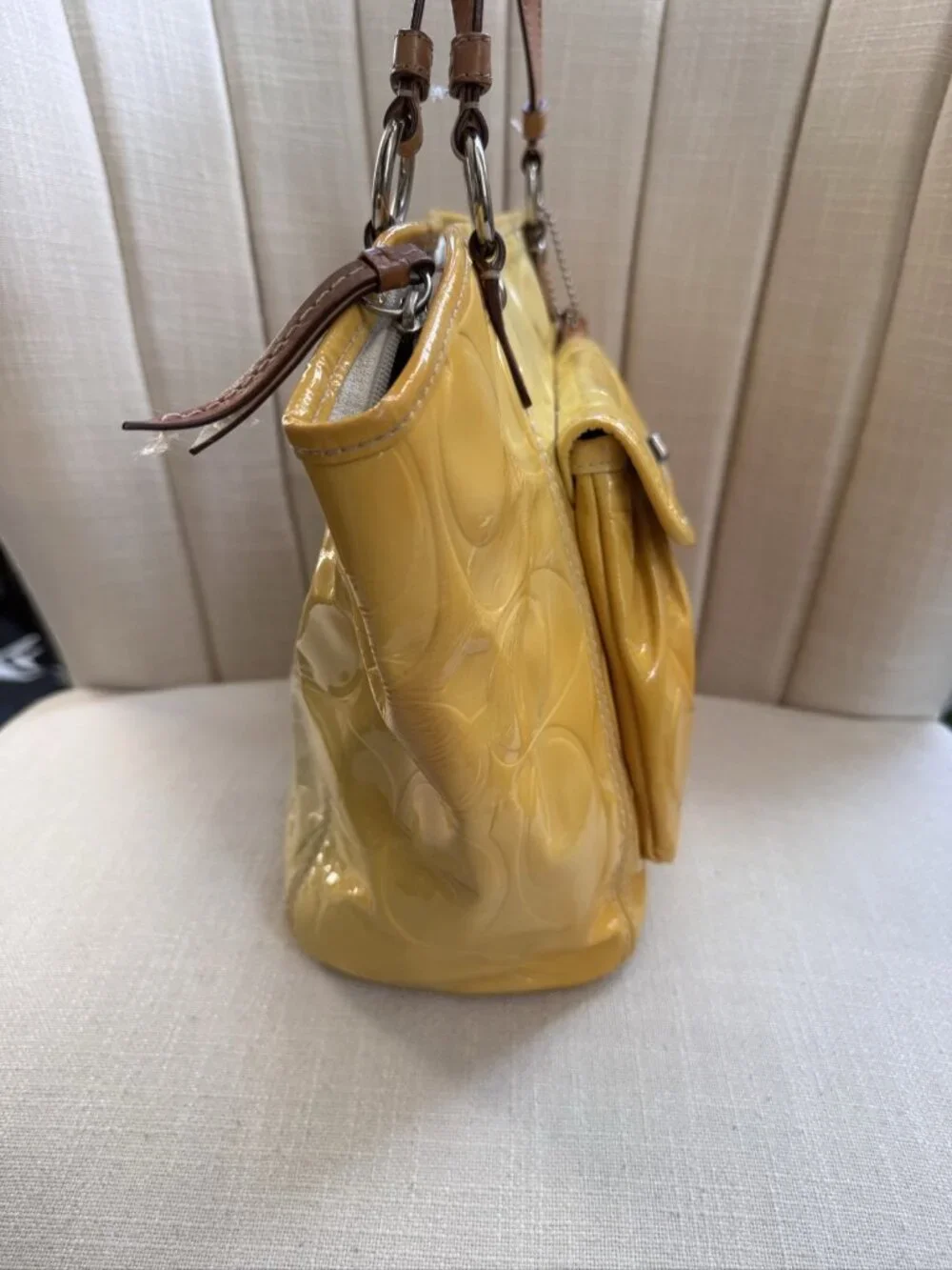 Coach Yellow Brown Leather Shoulder Bag Medium Patent Embossed Logo